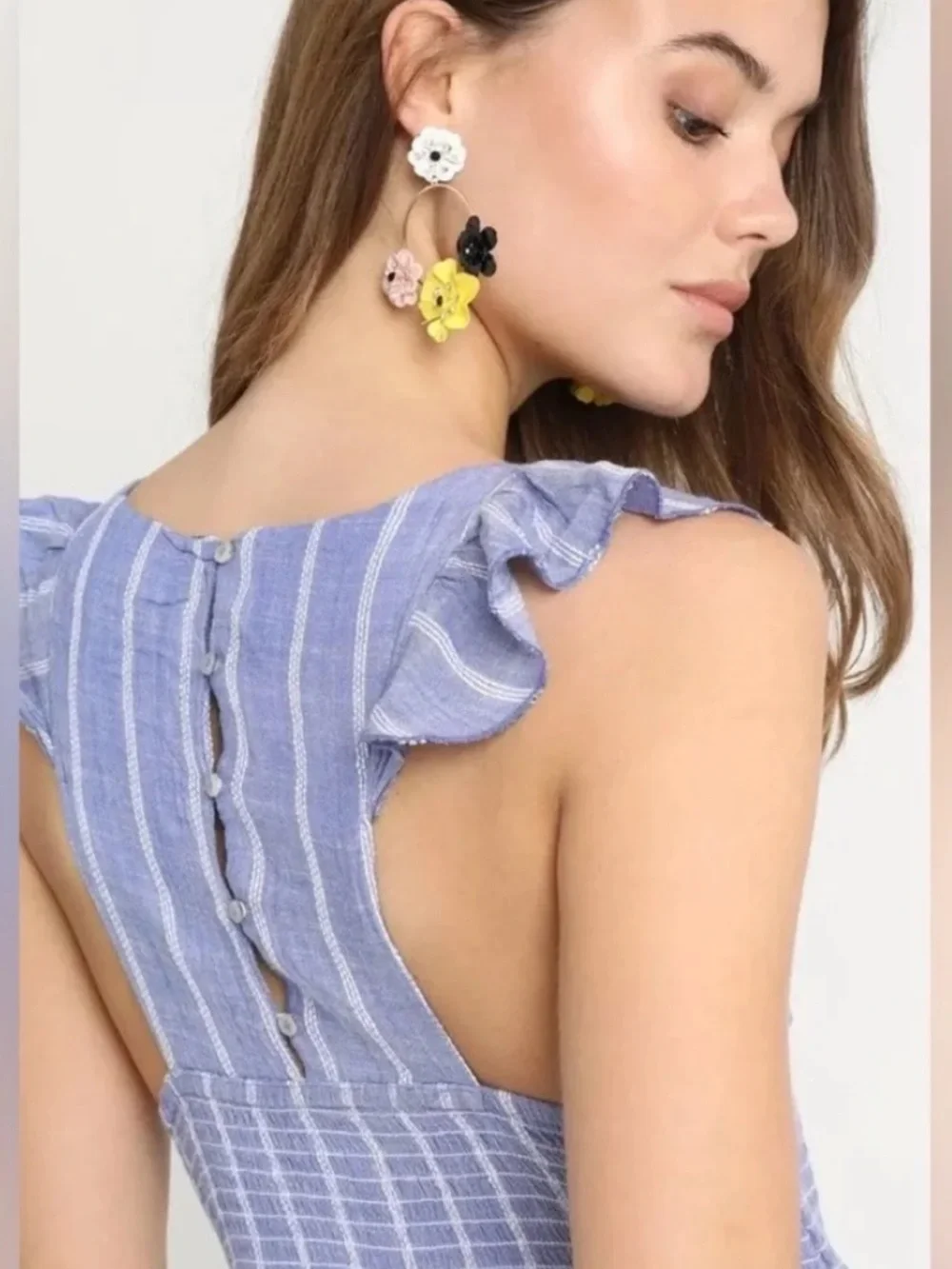 Free People Blue Striped Chambray Smocked Maxi Dress